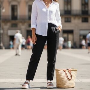 George Loves LA Black Linen Blend Pleated Elastic Waist Pants - M